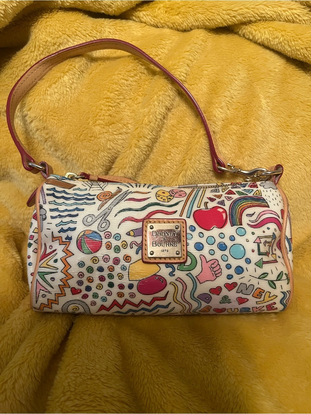 Dooney & Bourke White Multicolor Doodle Shoulder Bag with Pink Strap